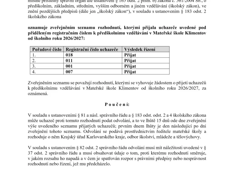 Seznam přijatých uchazečů