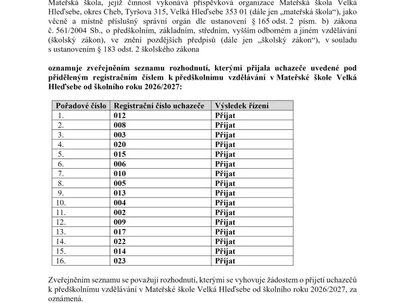 Seznam přijatých uchazečů