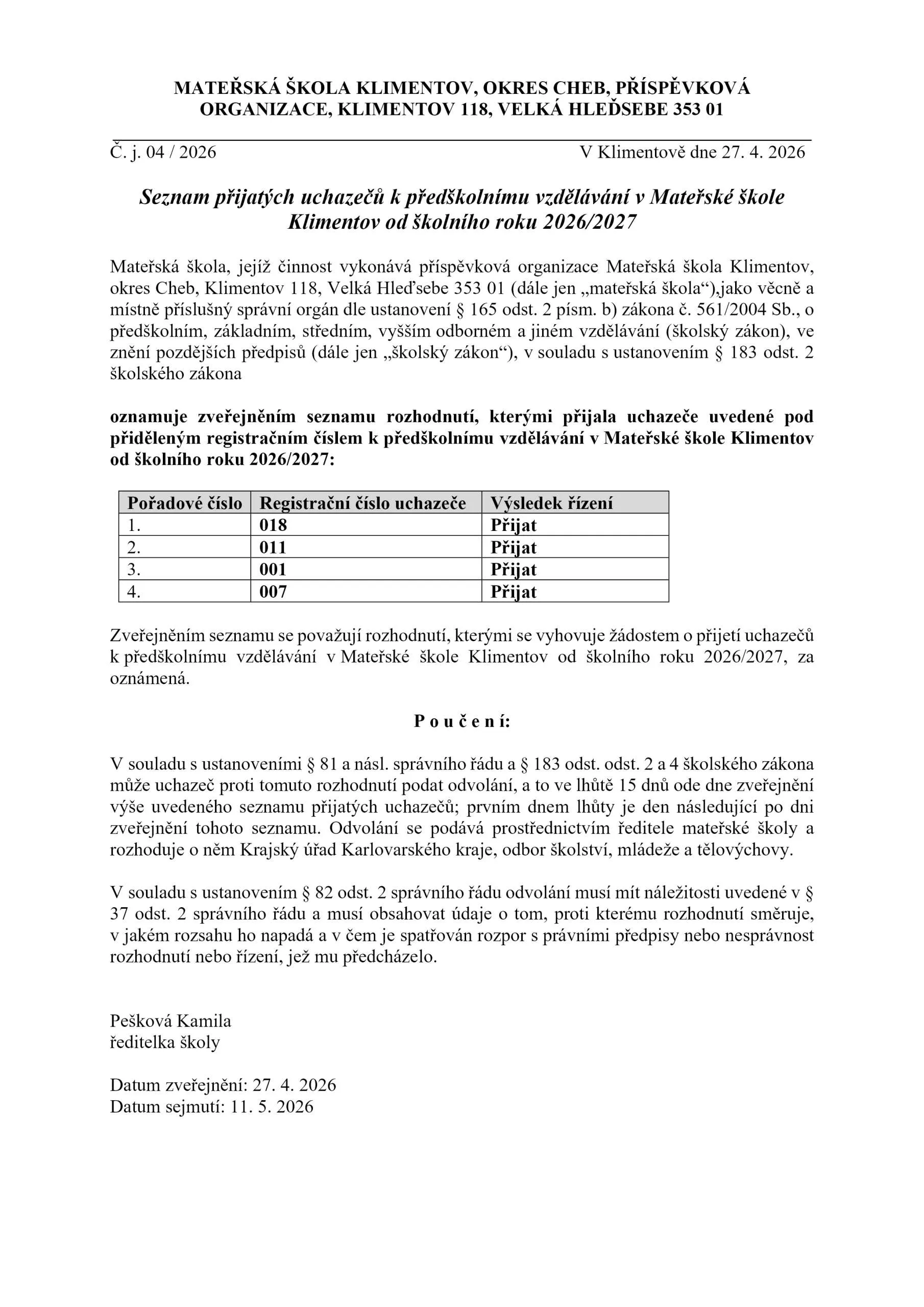 Seznam přijatých uchazečů